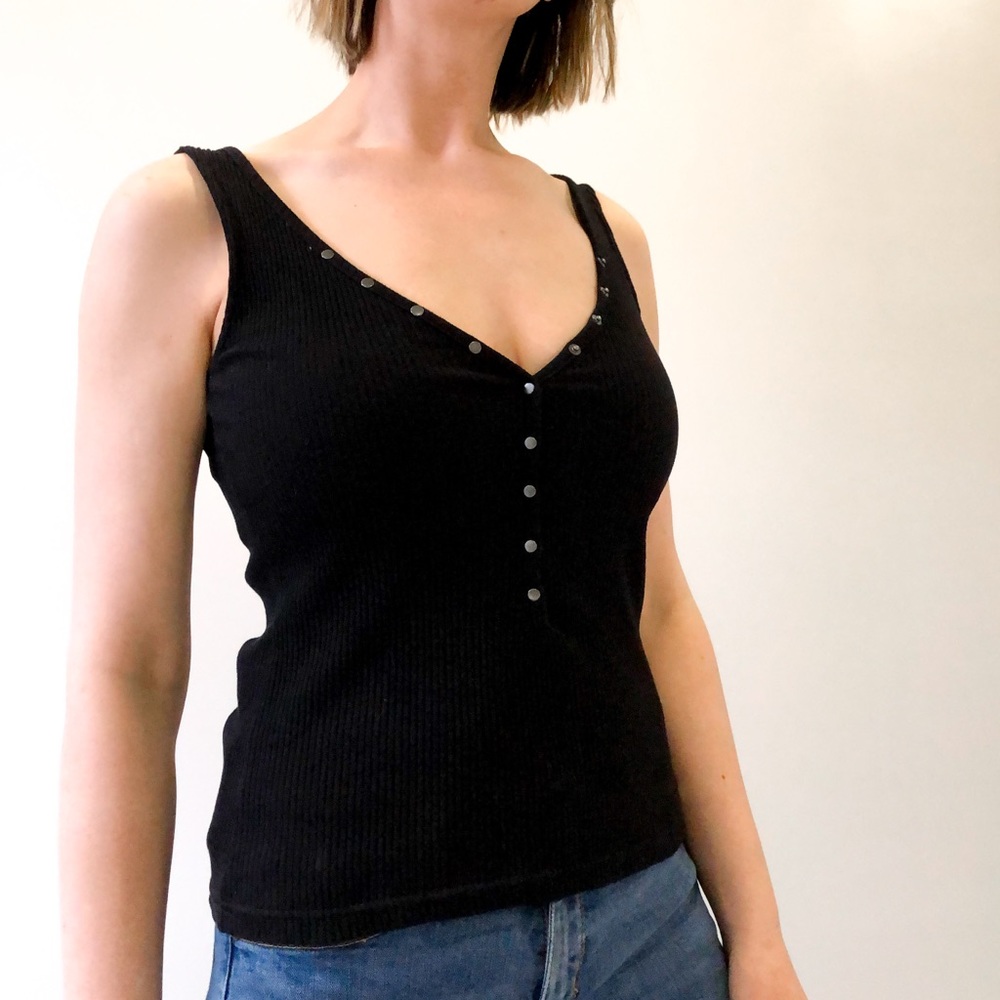 Afends Snap Front Ribbed Tank Black Small Sustainable Streetwear Y2K Cotton